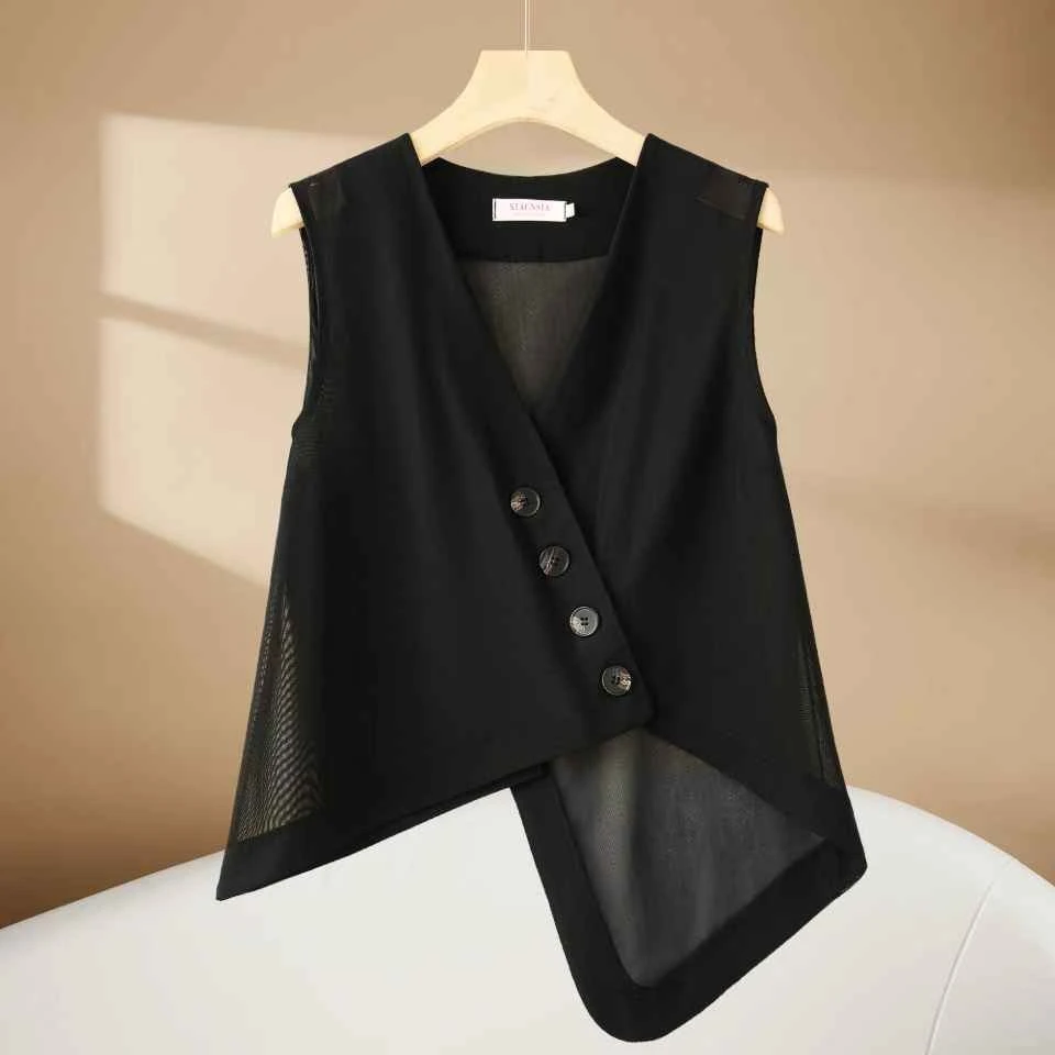 8655网纱不规则马甲女外穿宽松小背心夏新款无袖v领上衣女装