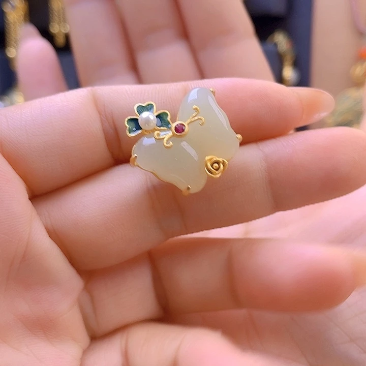 银S925镀金镶嵌戒圈和田玉