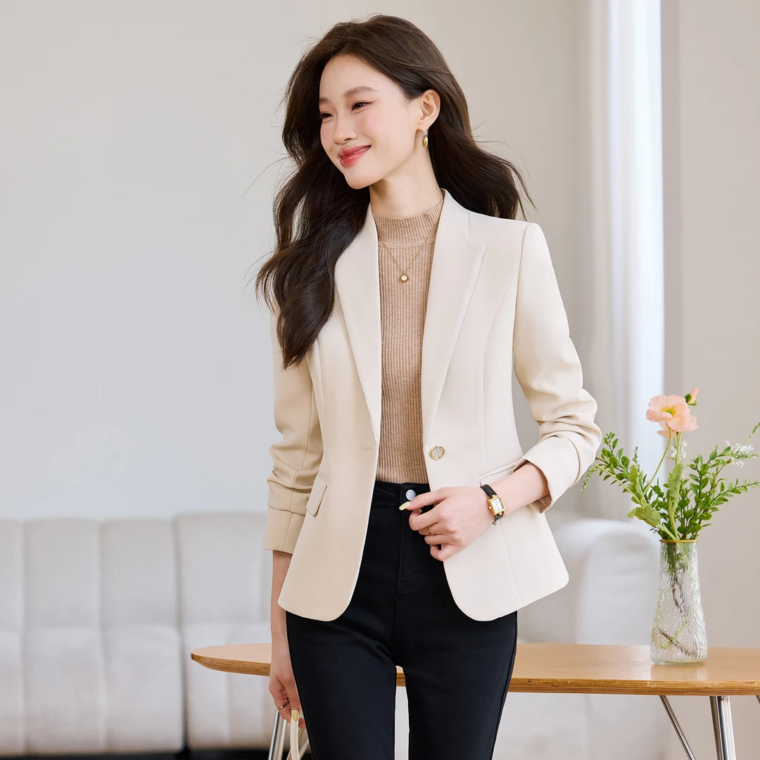 常规米白春秋季女西装西服韩版短款小个子一粒扣时尚职业西装外套
