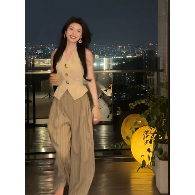 【有运费险】洋气减龄心机系带无袖上衣女2025夏季新款阔腿裤套装