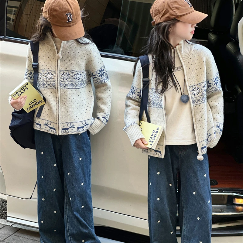 女童针织毛衣开衫外套2025秋季新款6-12岁洋气女大童时髦针织衫