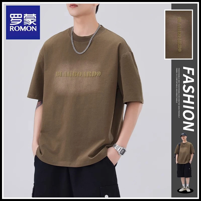 罗蒙重磅纯棉短袖t恤男士夏季薄款美式宽松印花运动半袖休闲体恤