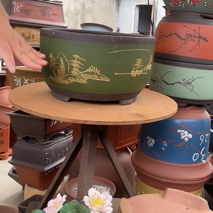 30绿描金球盆大花盆紫砂花盆