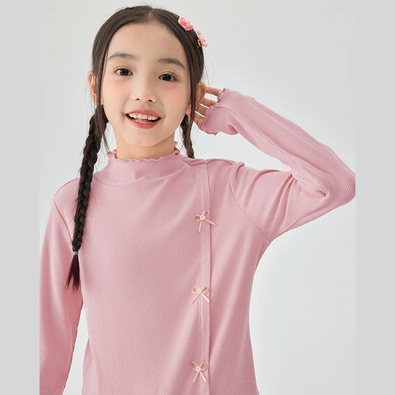 小茵曼女童T恤长袖春秋休闲宝宝纯色圆领中大童儿童上衣3843287