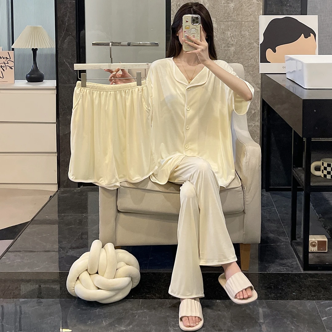 睡衣女夏季高级感短袖三件套装可外穿凉感大码杏色休闲春秋家居服