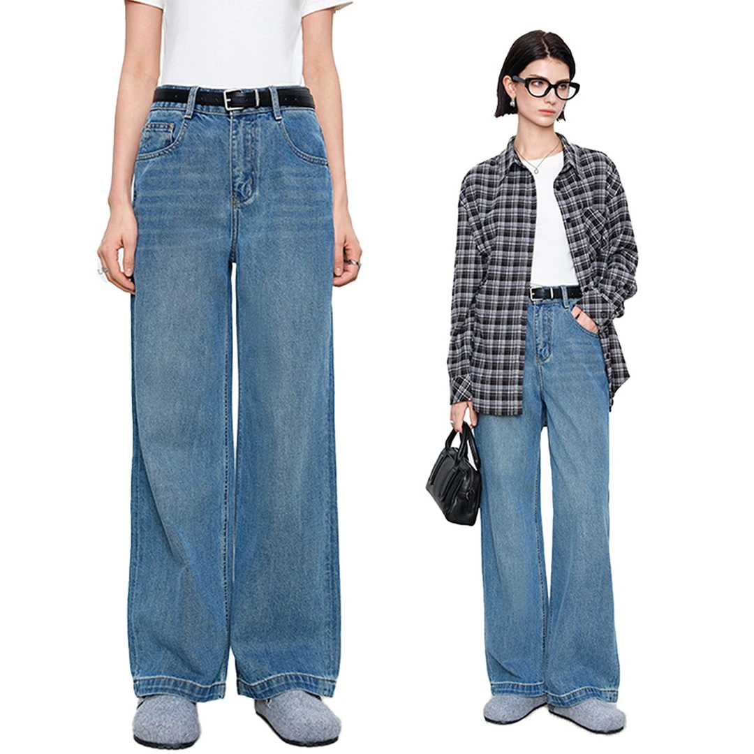 Rightcell「遮瑕裤」蓝色直筒阔腿牛仔裤女2025年春季休闲长裤