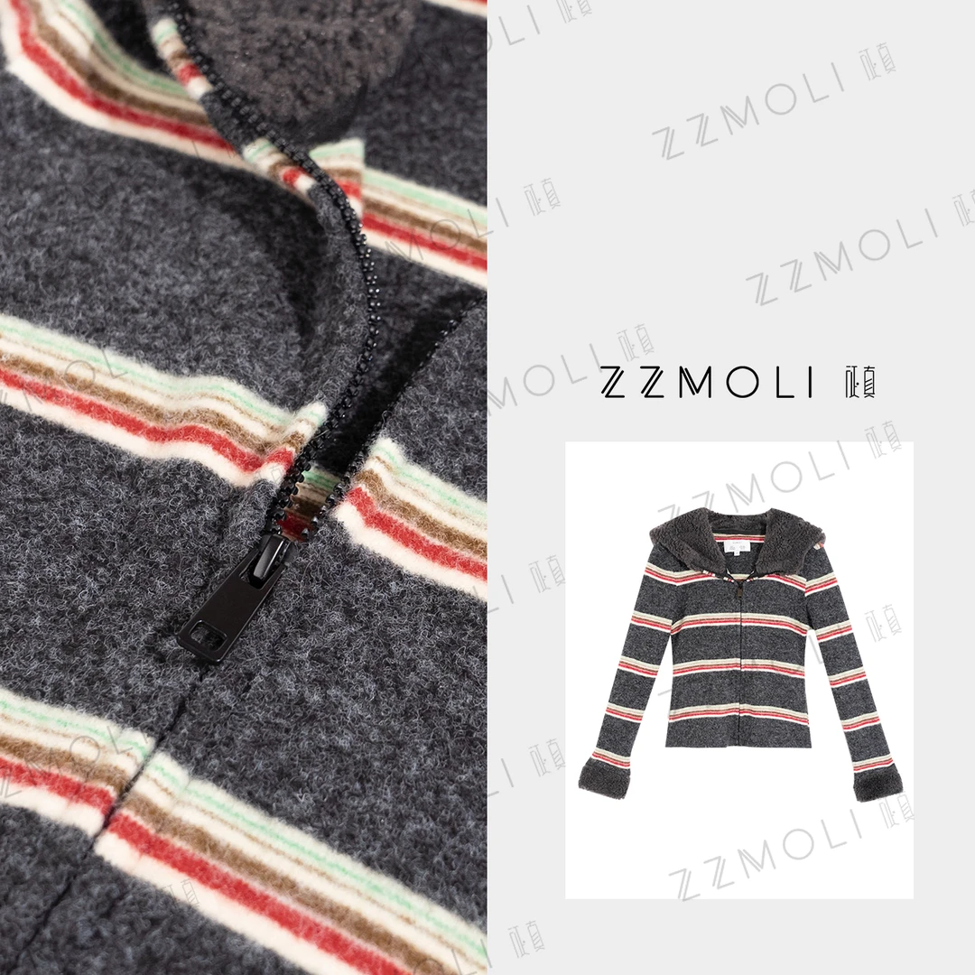ZZMOLI“连帽小蛮腰”颗粒绒帽子条纹撞色拉链休闲卫衣女款ZBY85326