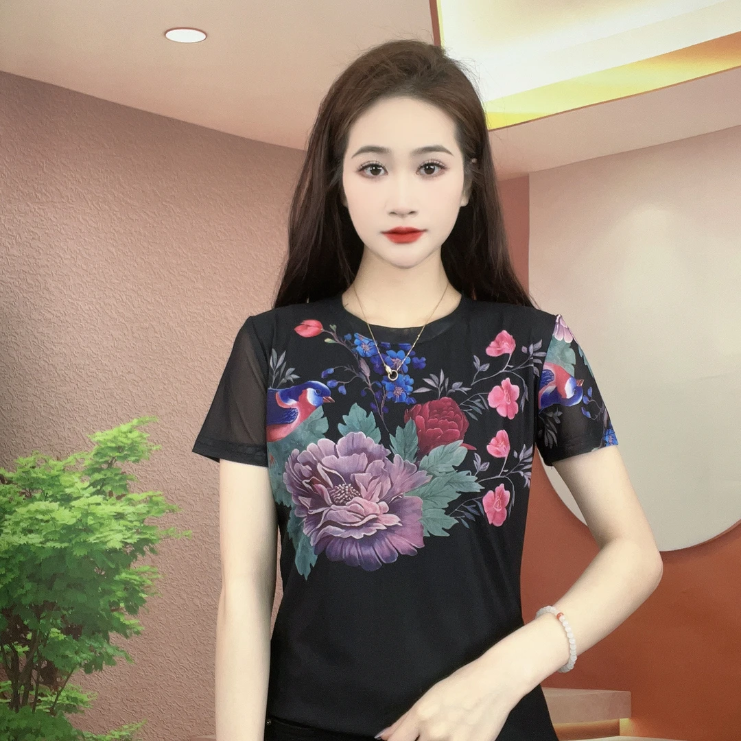 2025夏季新款短袖圆领肌肤纱时尚显瘦印花T恤上衣A273