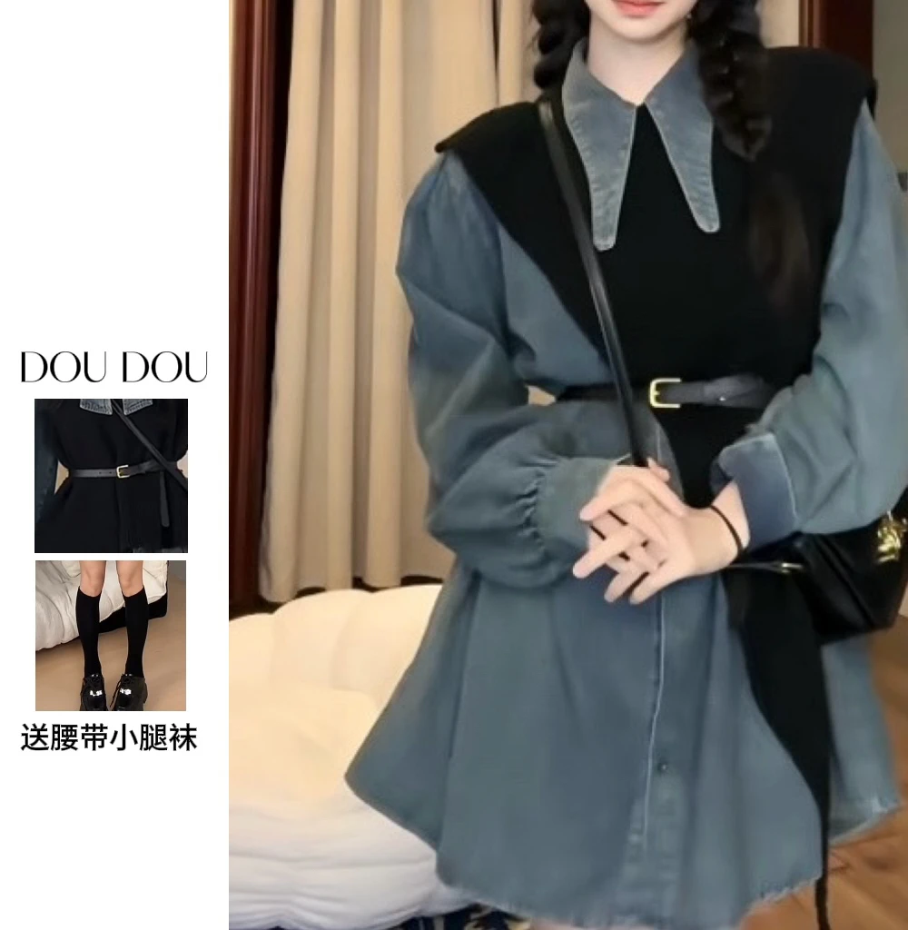 【不规则衬衣毛衣两件套上衣】春季显瘦气质设计感宽松连衣裙
