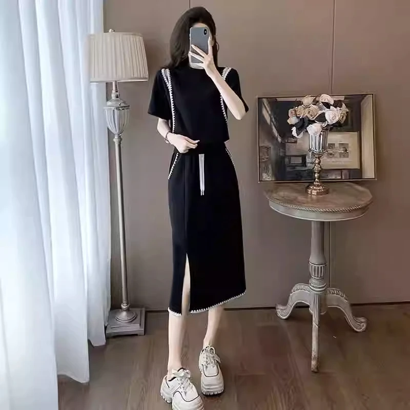 拉夏贝尔休闲运动套装女2025夏季新款时髦短袖开叉半身裙两件套裙