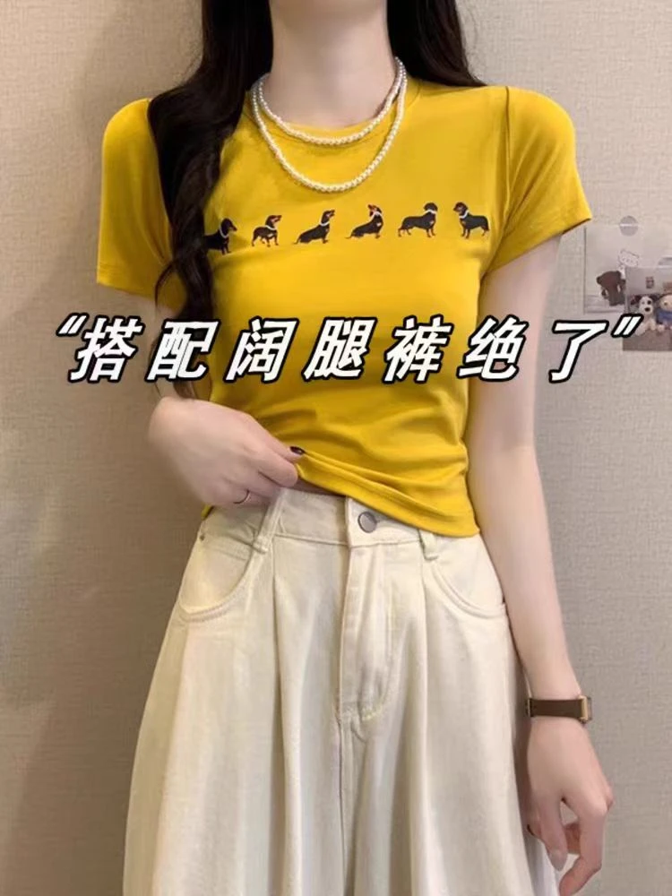 美式辣妹风腊肠狗狗印花短袖正肩T恤女夏季2025修身显瘦短款上衣