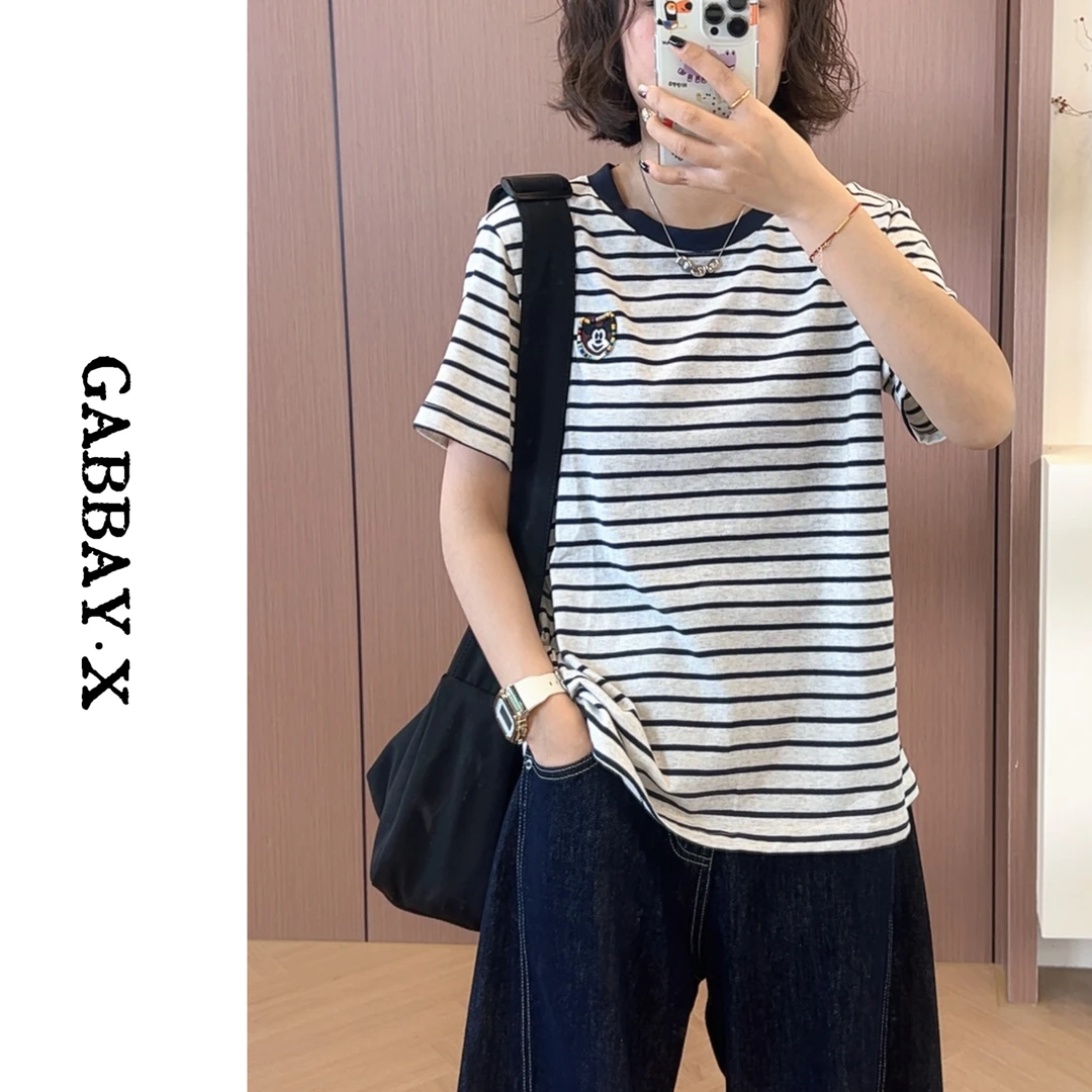 2025夏季韩版显瘦条纹刺绣短袖时尚休闲拼接宽松圆领百搭T恤女