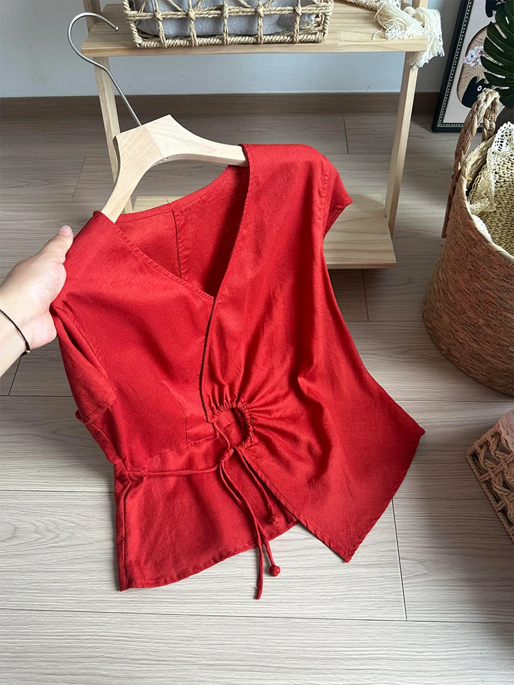 CHAO级推荐~红色V领亚麻独特衬衫女2025年韩货琎口超好看轻奢上衣