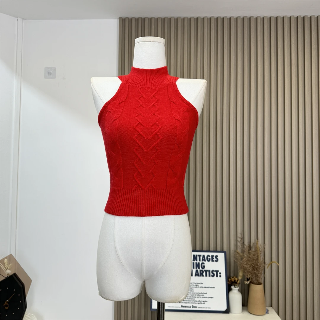 向晚·感露背挂脖上衣红色立领无袖针织背心