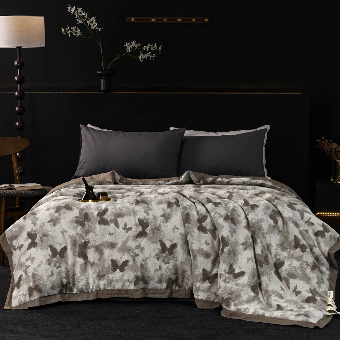 被子【蝴蝶浅梦 棕色】2X2.3米 纯棉全棉 亲肤柔软 双层纱双人被子