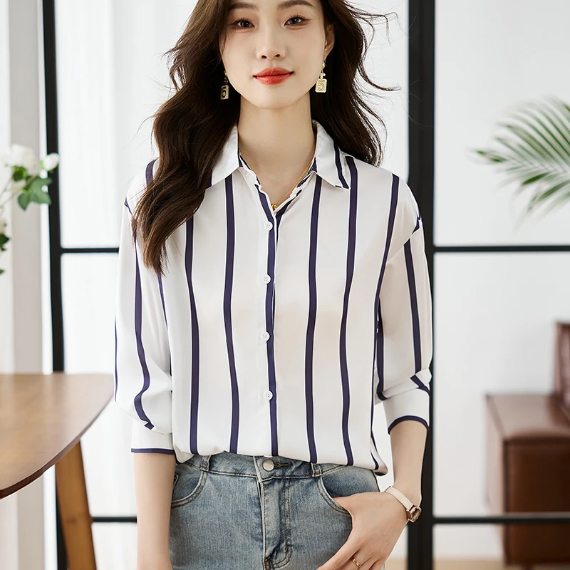 条纹衬衫女春秋款2025新款设计感小众雪纺上衣百搭衬衣洋气衣服女