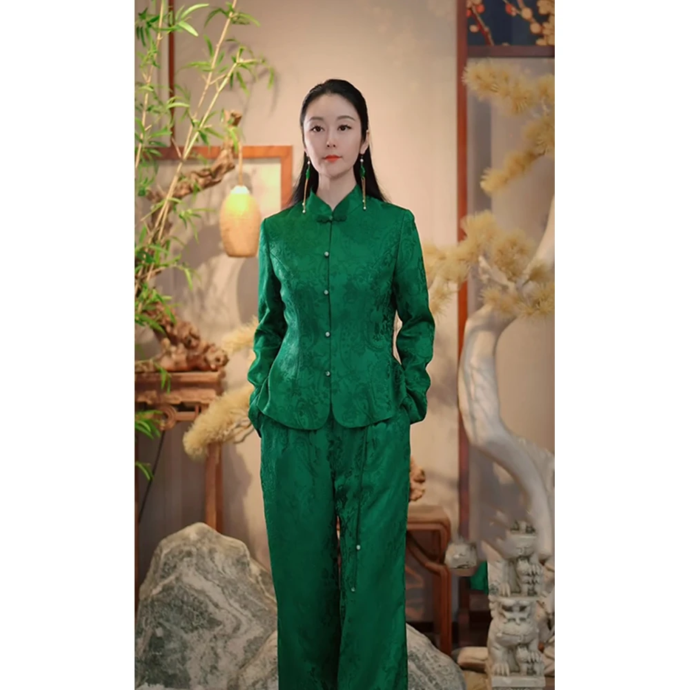 【玉楼春】春季新中式绿色提花复古时尚气质修长显瘦长款套装