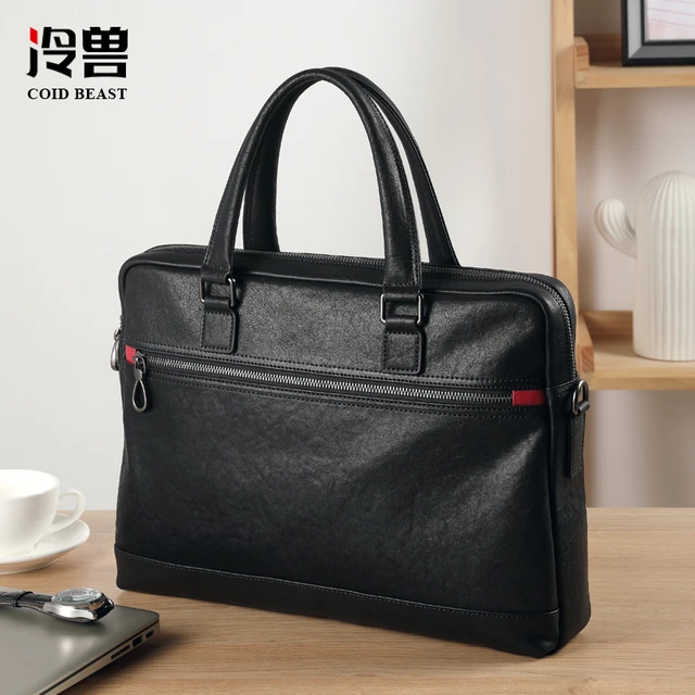冷兽手提包男真皮大容量单肩包斜挎包头层牛皮商务男士公文包揹包