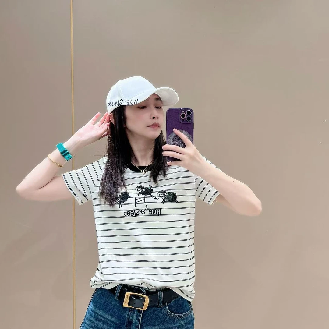 新款条纹创意短袖505115显瘦洋气时尚百搭设计感休闲体恤半袖圆领