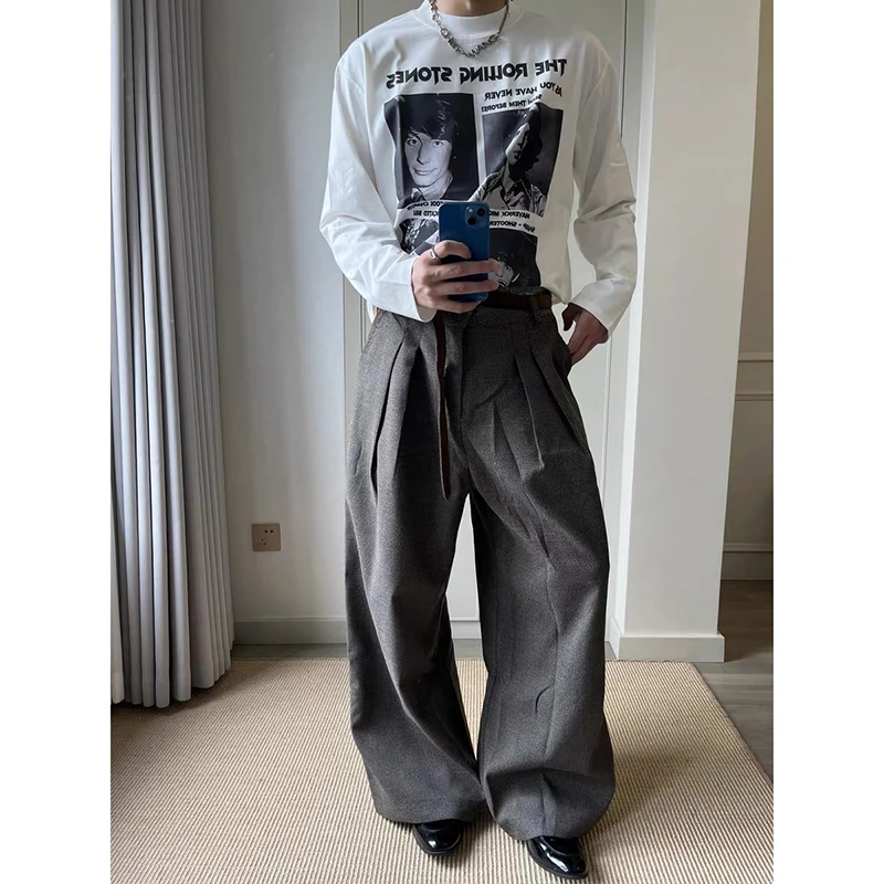 TAICHIISM千鸟格打褶拼接老钱风西裤男秋款高知休闲直筒宽松裤子