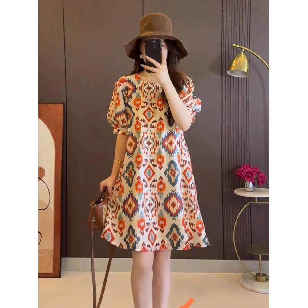 大码夏季新款宽松显瘦气质连衣裙胖mm短袖设计款碎花泡泡袖A字裙