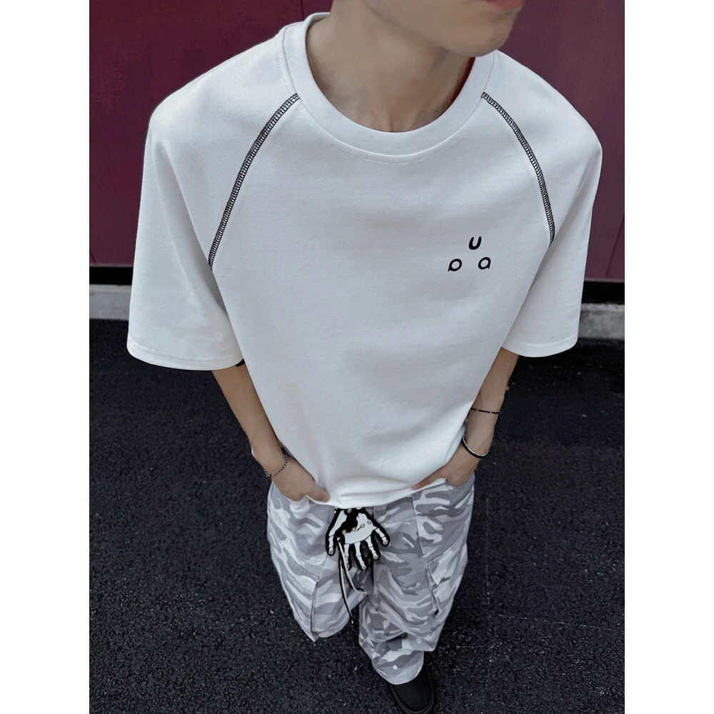 美式哈苏线印花短袖男夏季小众设计感oversizet恤重磅情侣半截袖