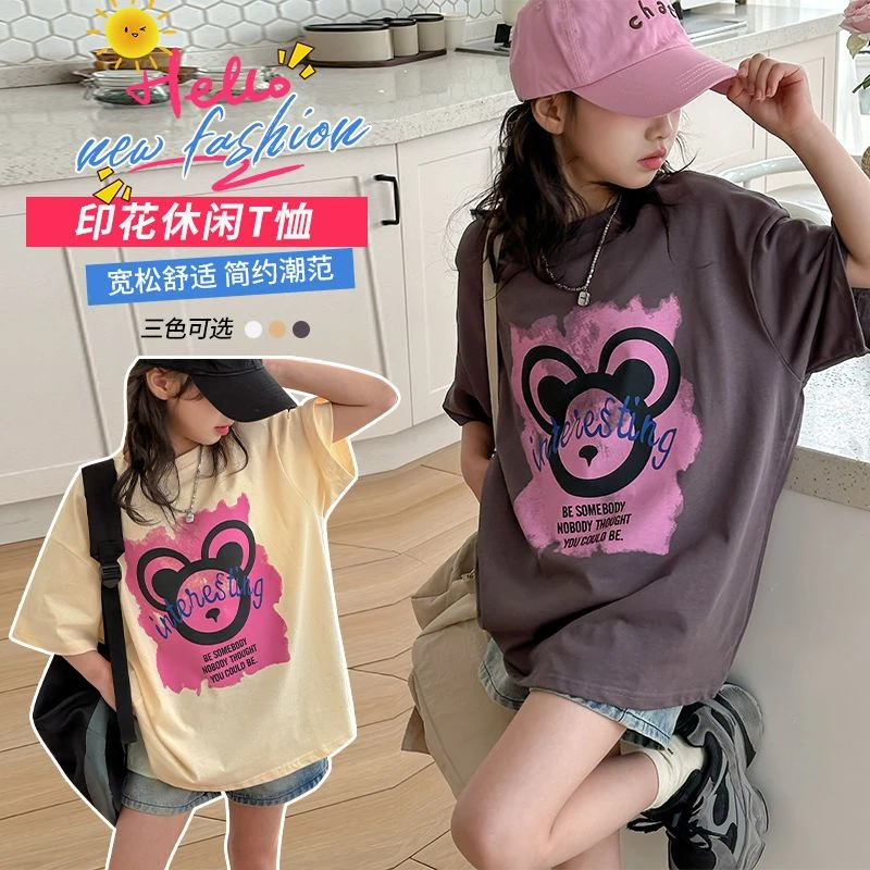 新款纯棉女童装短袖夏季t恤中大童宽松半袖圆领美式卡通街头韩潮