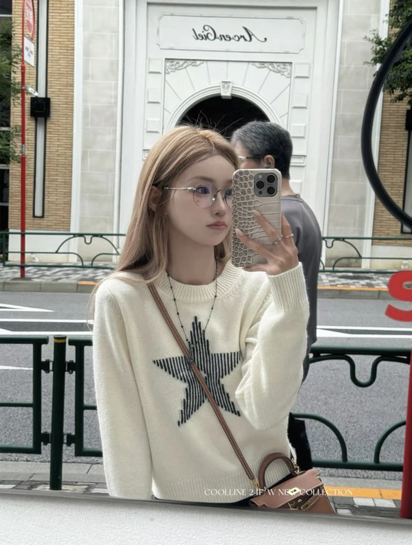 2025新款秋冬圆领五角星提花长袖针织衫女宽松显瘦百搭上衣#2552