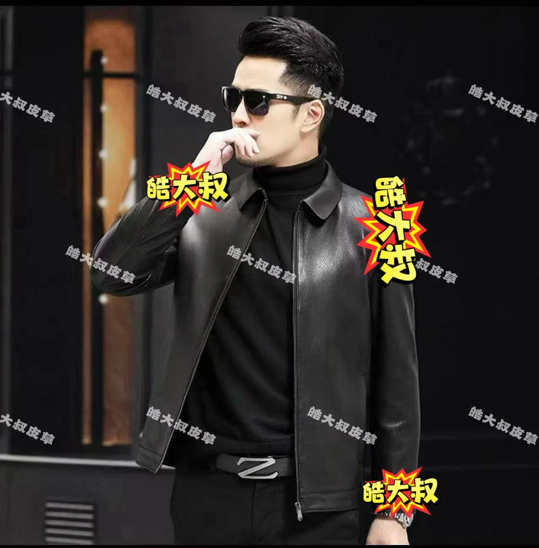 男士黑色商务短款春秋，秋冬净版小牛皮-百搭休闲翻领夹克（绅士款）