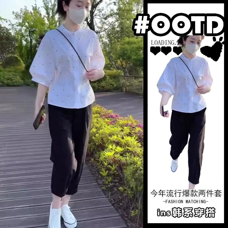 夏装休闲衬衫穿搭一整套女韩系立领波点减龄气质上衣宽松两件套装