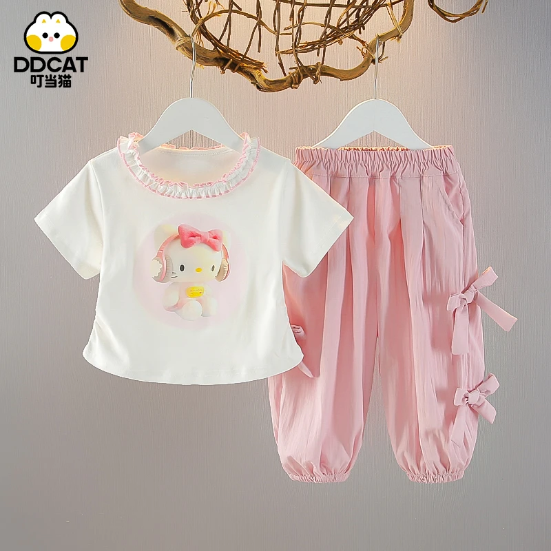 叮当猫女童夏季套装儿童短袖卡通夏装洋气中小童女宝宝休闲两件套