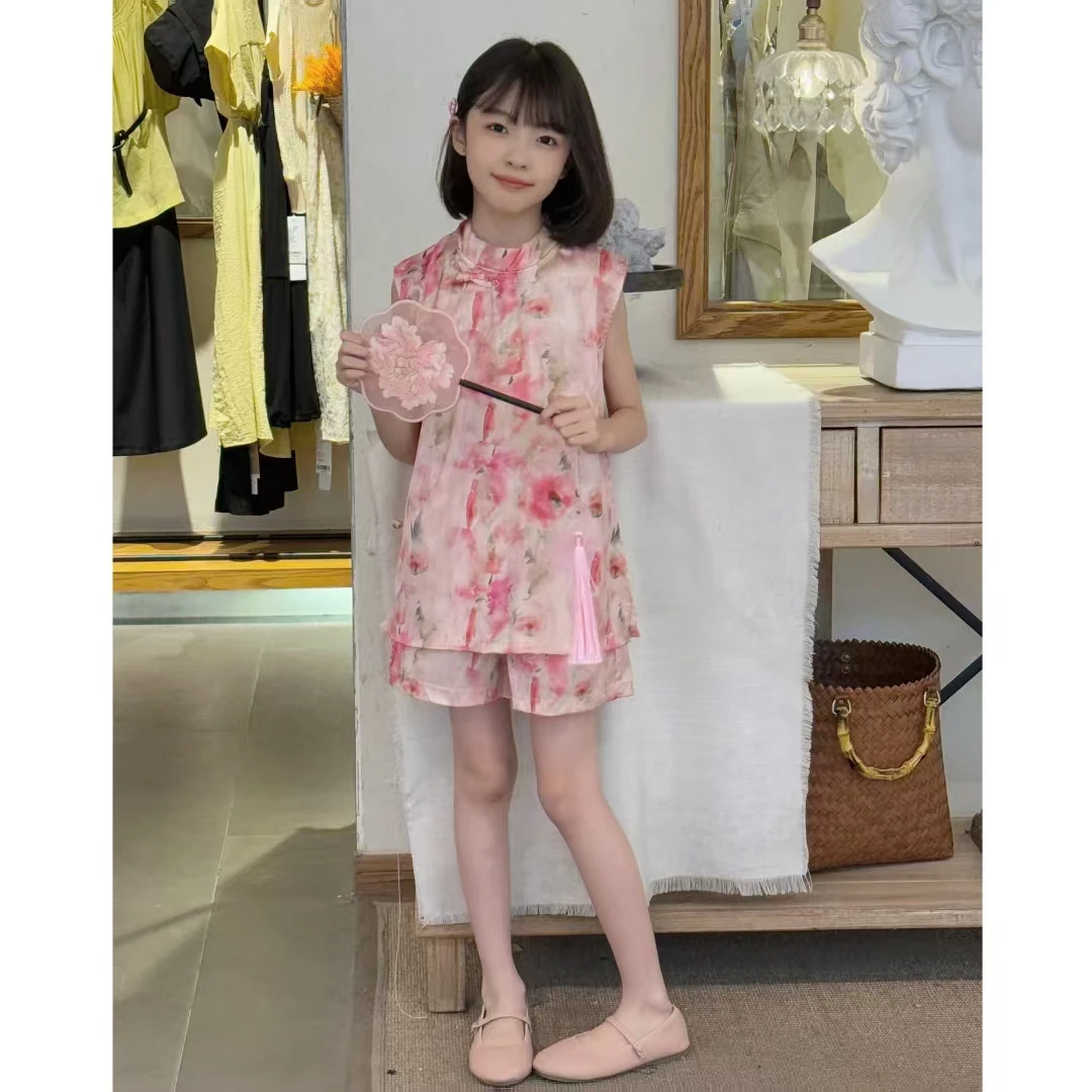 (芍药)女童新中式国风旗袍盘扣背心上衣短裤两件套D
