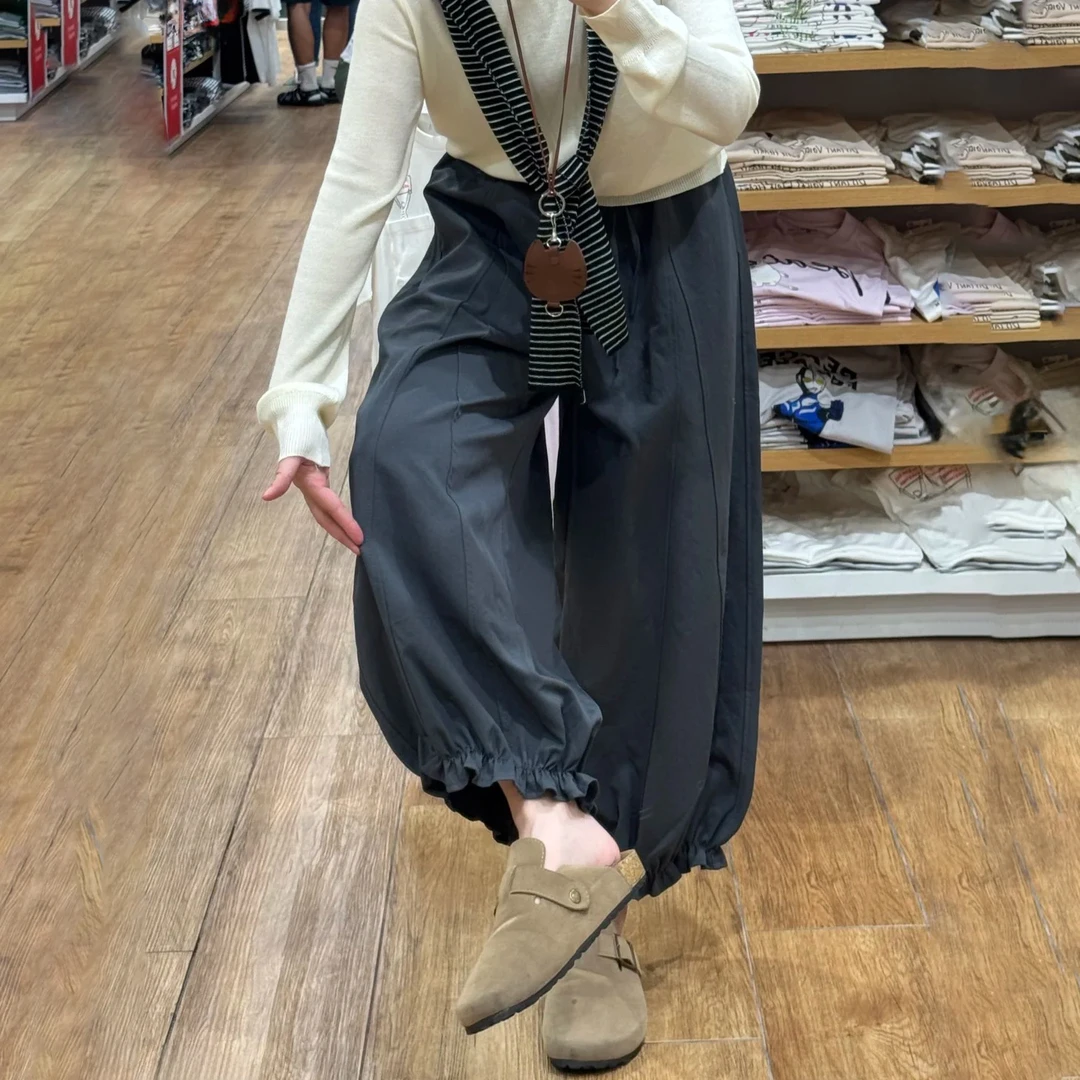 藏青色木耳花边九分灯笼裤女秋季新款胖mm梨形身材休闲阔腿花苞裤