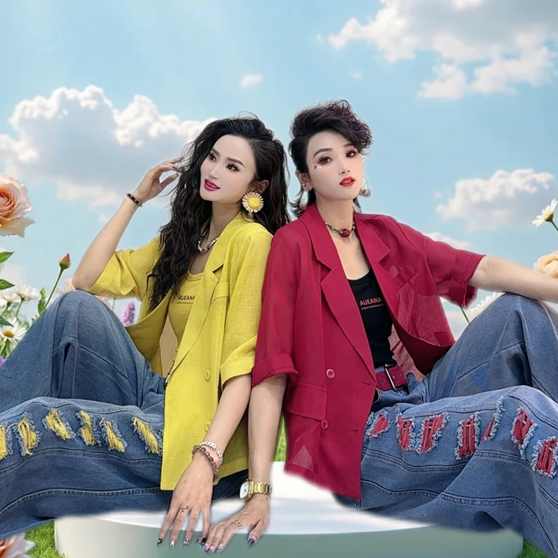 原创设计纯色西装外套女2025新款时尚洋气宽松休闲上衣外套-9118