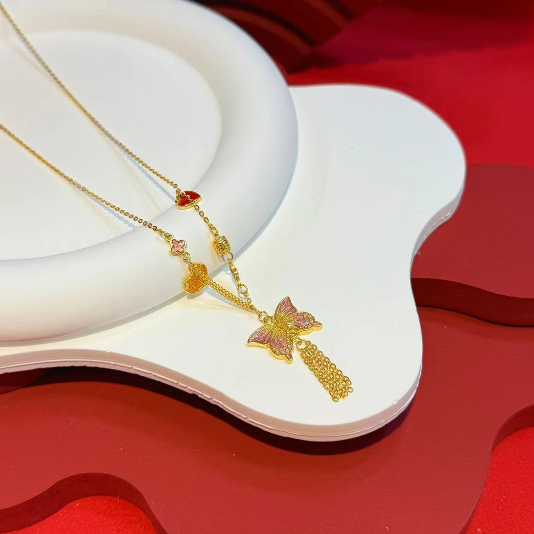 坠链均925银 烤蓝流苏蝴蝶套链HNZ9944