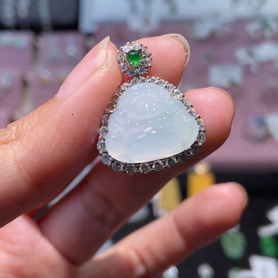 翡翠银S925镶嵌颈饰纯天然缅甸翡翠A货佛公