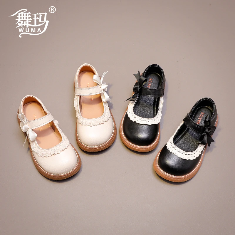 舞玛女童鞋子儿童真皮公主鞋2025新款春秋季时尚软底黑皮鞋538360