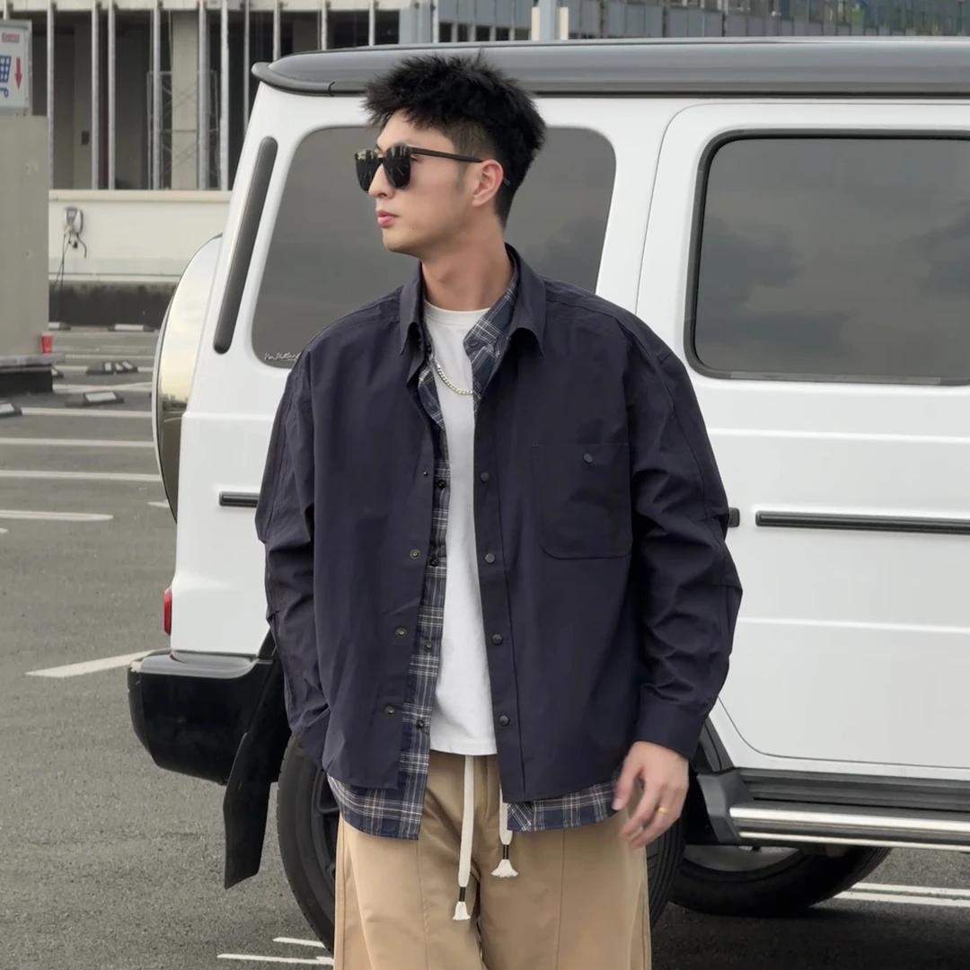 Aye早秋新款秋季百搭美式高级宽松假俩件设计格子衬衫设计感外套
