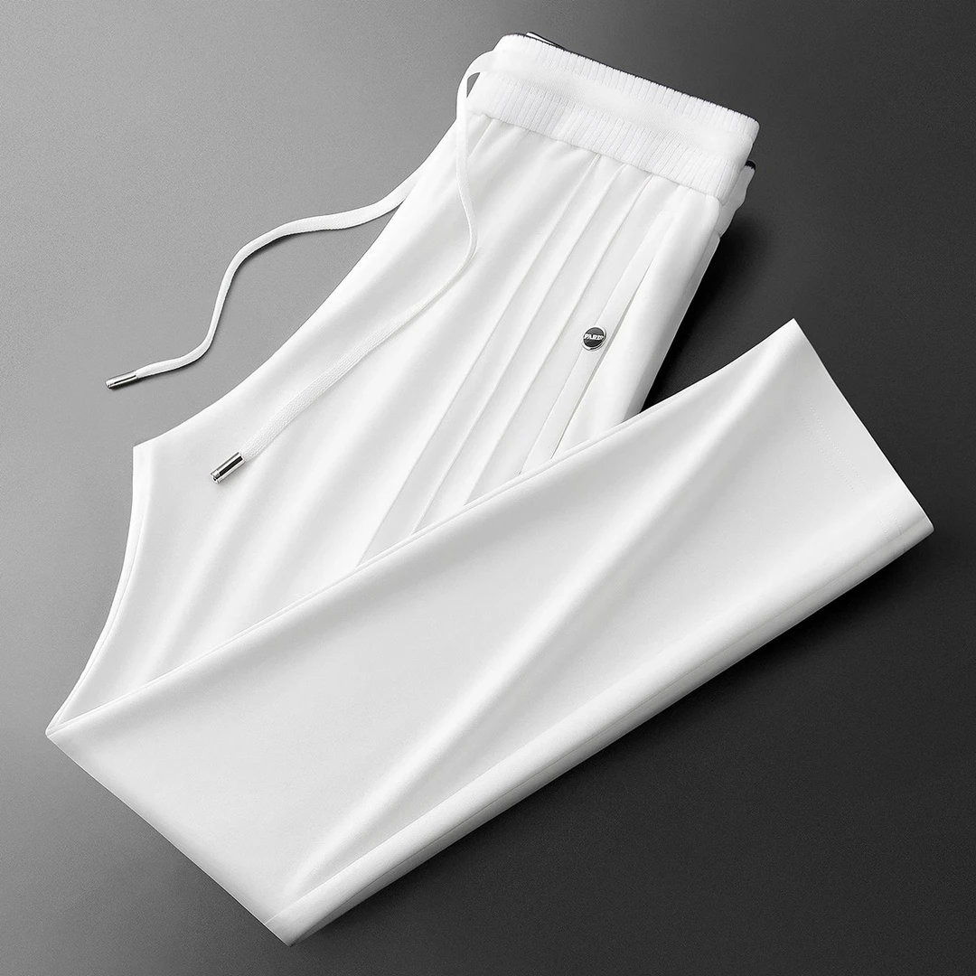 春夏柔软冰丝面膜空气层太空棉时尚肌理三杠男士运动直筒休闲裤男