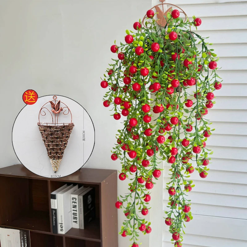 仿真花发财果藤条挂墙花篮塑料假花室内外墙面装饰绿植客厅装饰花