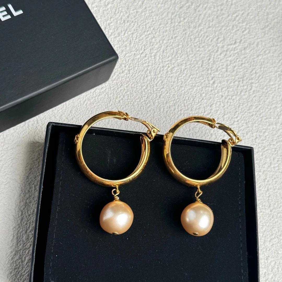 95新 Chanel/香奈儿 泡泡中古Chanel大号金色圆环吊坠耳夹