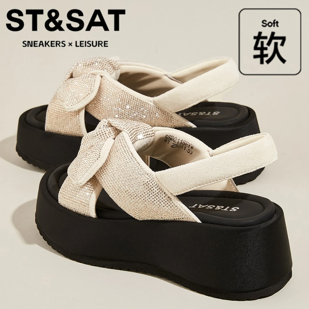 星期六水钻蝴蝶结凉鞋2025新款露趾透气沙滩鞋时尚休闲配裙罗马鞋