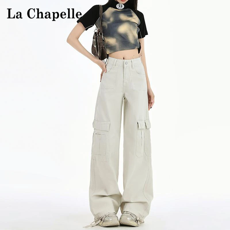 拉夏贝尔白色工装牛仔裤女2025新款显瘦宽松休闲小个子直筒阔腿裤