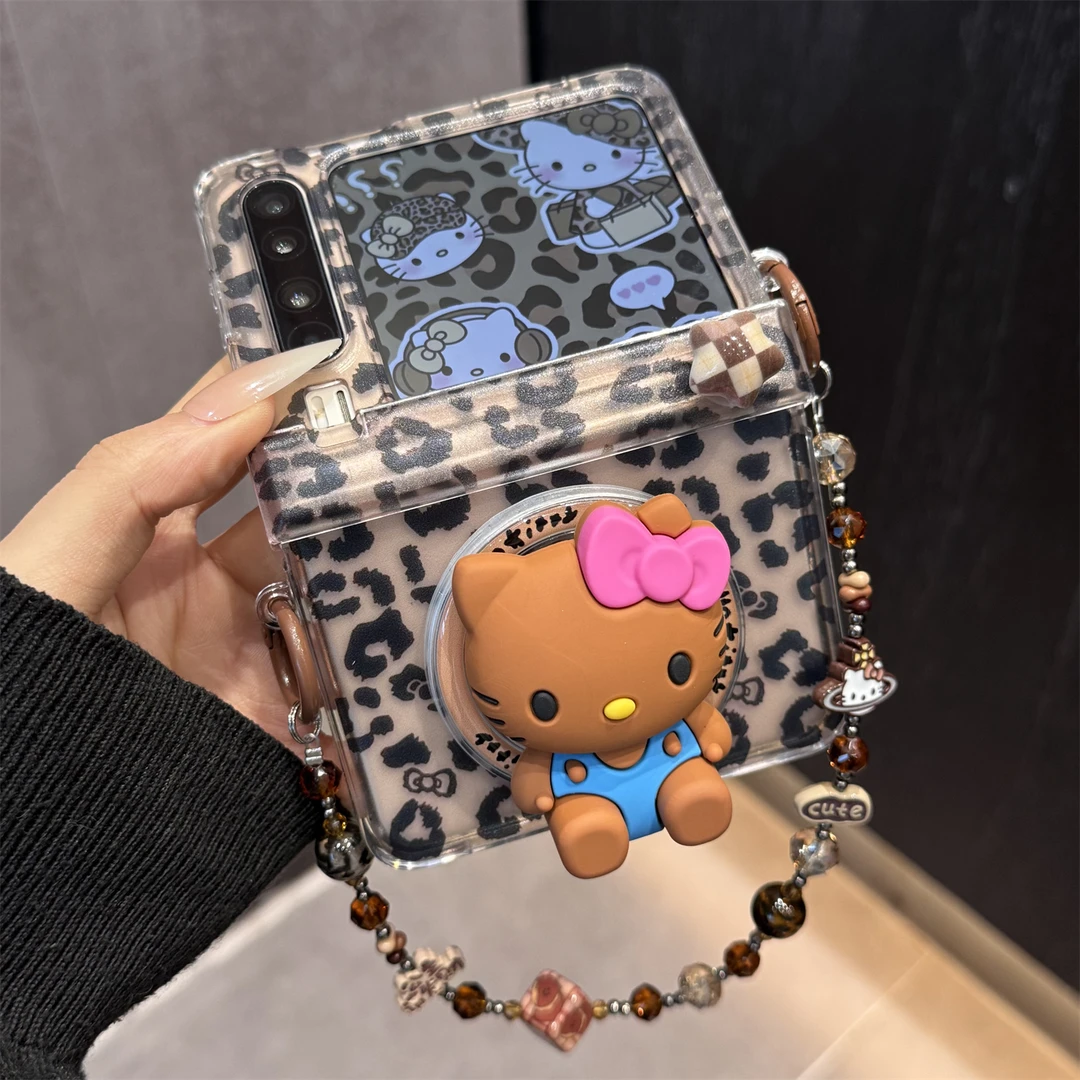 适用华为purax典藏版手机壳中轴保护pocket2棕色豹纹kt猫磁吸支架