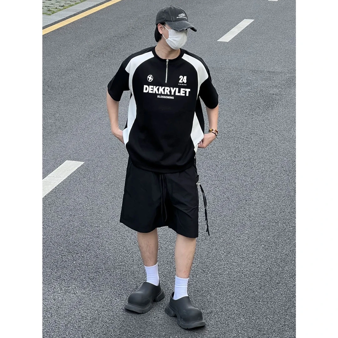 100%纯棉美式简约数字字母印花半拉链短袖t恤男女夏季拼接上衣ins