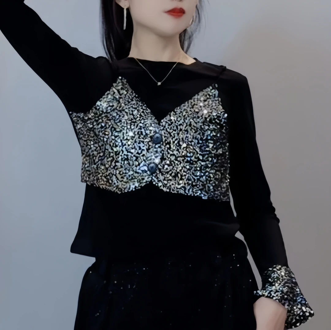 春秋2025新款假两件德绒长袖打底衫女设计感亮片喇叭袖显瘦女上衣