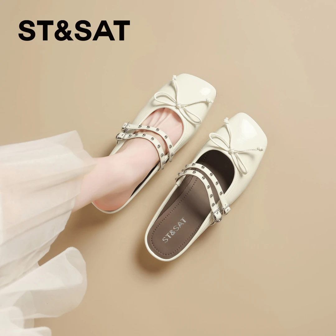 星期六包头半拖鞋女2025新款夏季法式芭蕾鞋气质真皮粗跟玛丽珍鞋