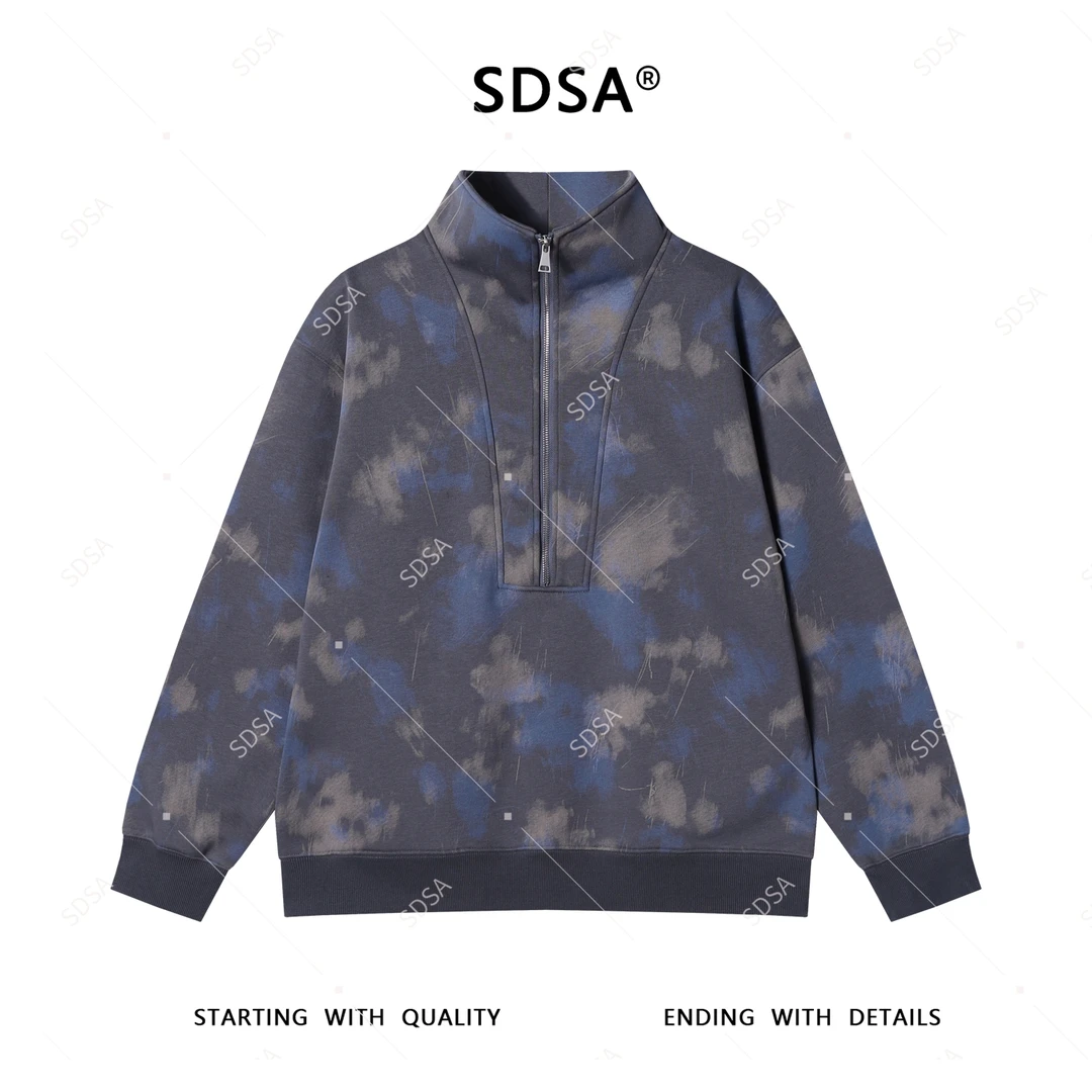 SDSA男士2025新款轻奢痞帅男装撞色扎染半拉链立领卫衣百搭潮流