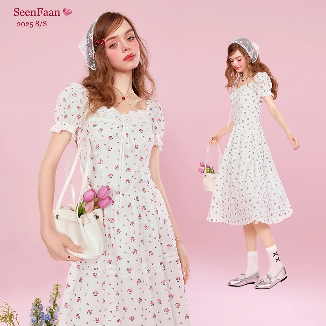 SEENFAAN盛放25年夏季新款收腰修身连衣裙印花绑带设计FSQ043