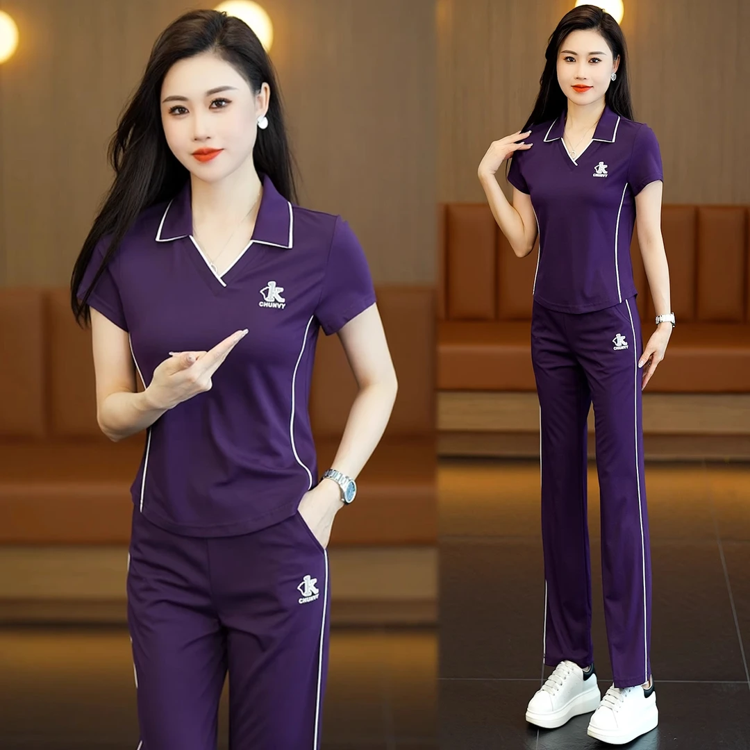 时尚休闲运动套装女2025夏季新款宽松显瘦v领短袖t恤直筒裤两件套